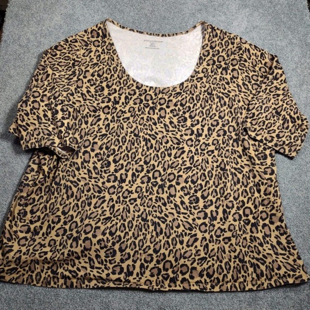 Jessica London Womens 38/40 Top‎ Leopard Print Scoop Neck Short Sleeve Plus Size
